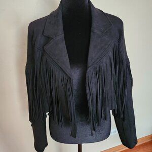 Boho Fringed Faux Suede Moto Jacket -Black